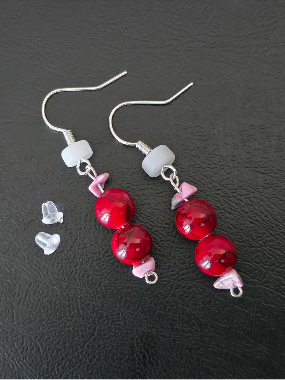 Silver Red Bead Dangle Earrings with Pink Accents